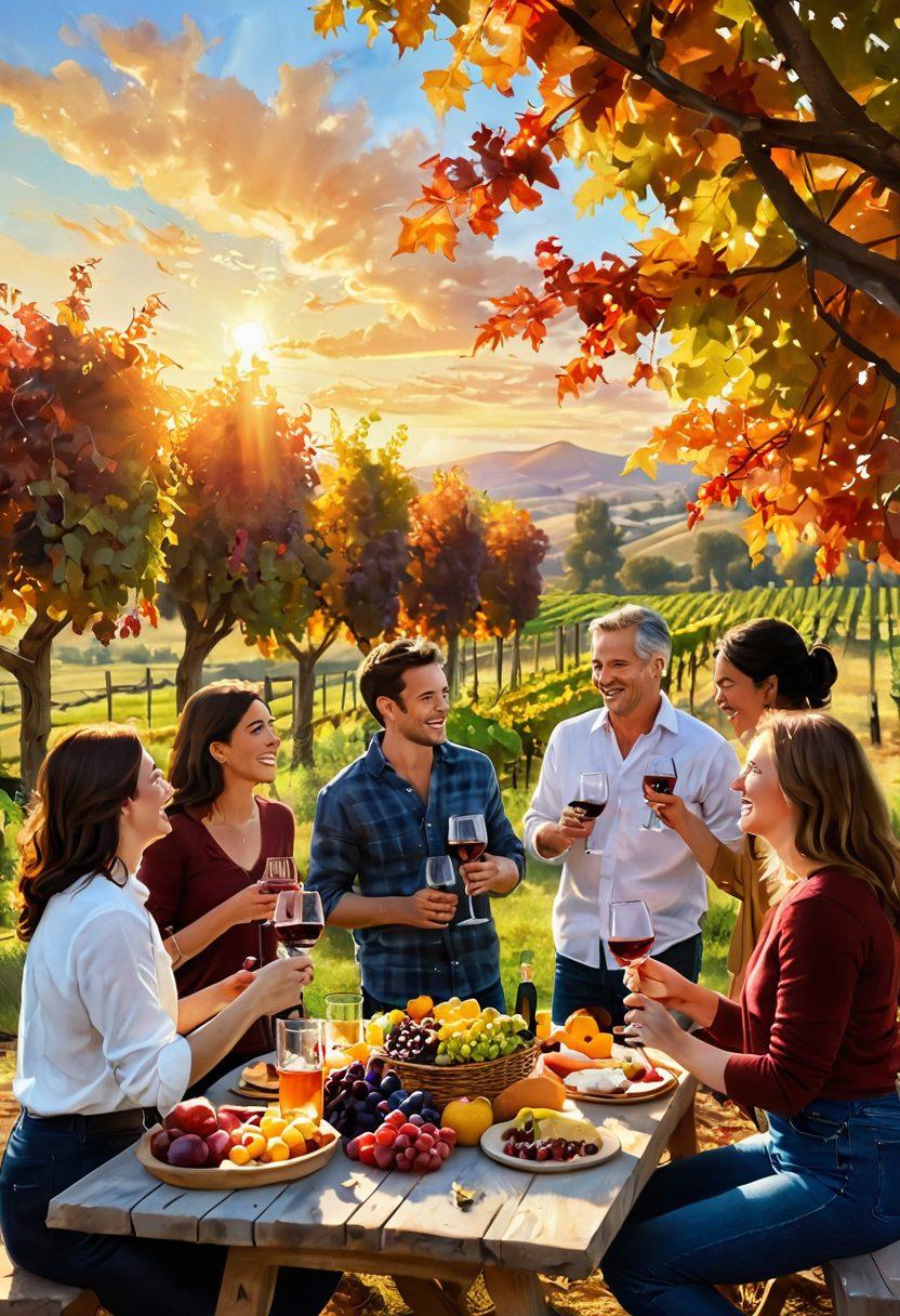 A joyful vineyard scene with a diverse group of friends laughing and tasting different wines, surrounded by lush grapevines, colorful autumn leaves, and a wooden picnic table filled with cheese and fruit platters. The sun sets in the background, casting a warm golden glow. Include wine glasses clinking together in the foreground to convey celebration. painting. vibrant colors. warm atmosphere.