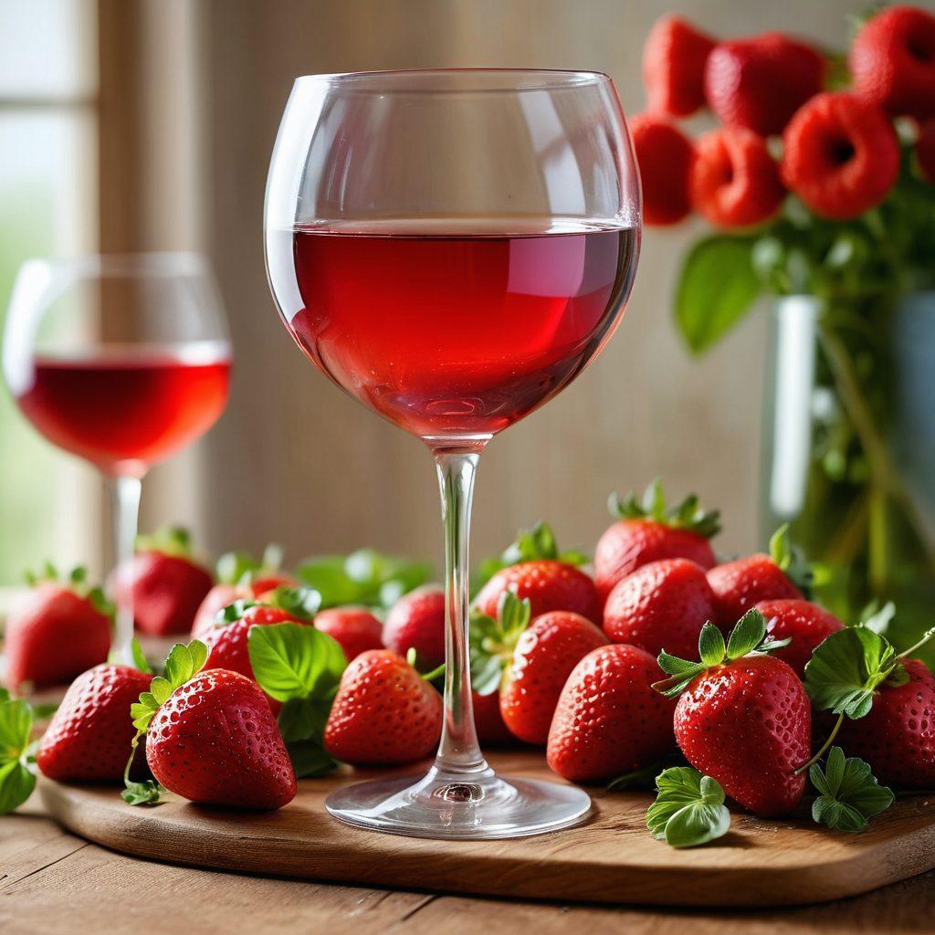 An elegant wine glass filled with a gradient of red transitioning to rosé wine, surrounded by fresh fruits like strawberries and cherries, with delicate herbs like basil in the background. Soft natural lighting enhances the richness of the colors, evoking a sense of flavor harmony. A textured wooden table adds warmth to the scene. super-realistic. vibrant colors. soft focus.