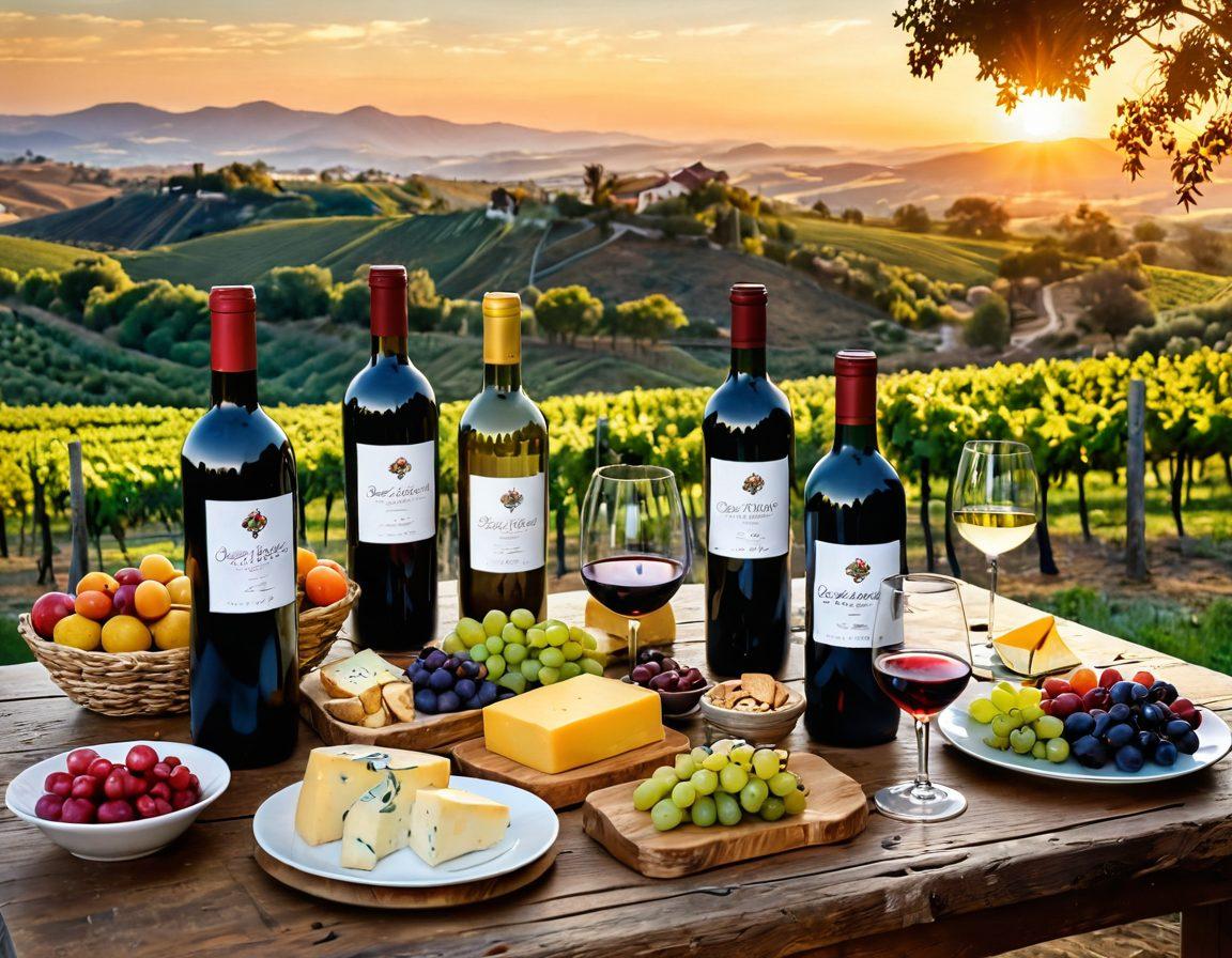 A picturesque vineyard with rolling hills in the background, showcasing various wine bottles with vibrant labels on a rustic wooden table. Surround the table with an array of gourmet foods, like cheese, olives, and fruits, elegantly arranged, inviting the viewer to explore pairings. The sun sets, casting a golden glow over the scene, evoking a sense of joy and adventure. elegant illustration. vibrant colors. dreamy aesthetic.